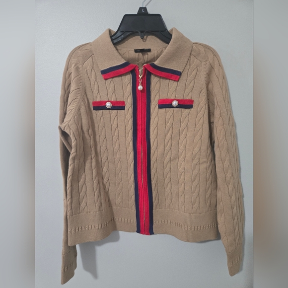 Talbots Tan Cable Knit Cardigan with Red and Blue Trips, Sweater - Picture 4 of 4